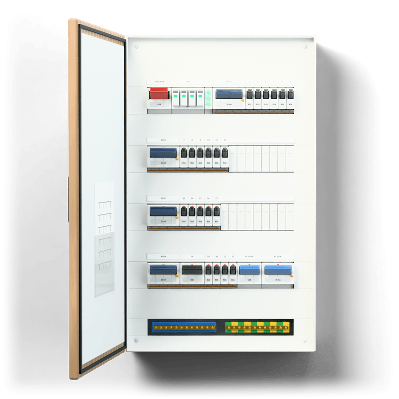 Verteiler L · EV · Tür: Eiche · Klimaanlage 2 × Split 3,5 kW — 3D-Visualisierung, Tür offen, Frontansicht der Geräte, Tür mit Eichendekor